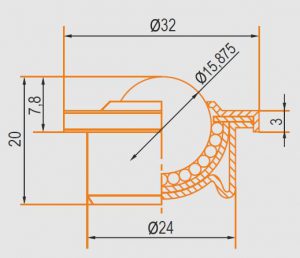 Zeichnung Kugelrolle Gehäuse und Kugel aus Edelstahl 15 mm