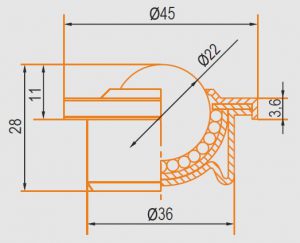 Zeichnung Kugelrolle Gehäuse und Kugel aus Edelstahl 22 mm