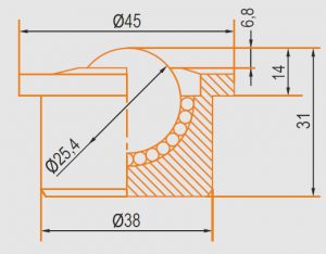 Zeichnung Kugelrolle Gehäuse und Kugel aus verchromten Stahl 25 mm