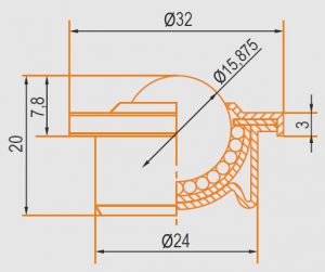 Zeichnung Kugelrolle Gehäuse verzinkt und Kugel aus Edelstahl 15 mm