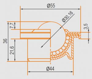 Zeichnung Kugelrolle Gehäuse verzinkt und Kugel aus Edelstahl 30 mm